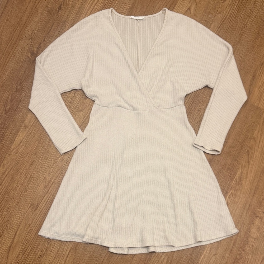 Lush Medium Beige Ribbed V-Neck Surplice Knit Fit Flare Sweater Dress